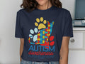 Navy t-shirt with autism awareness cat design and text.