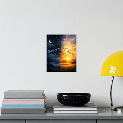 Artwork displaying night transitioning to sunrise with text Psalm 30:5.