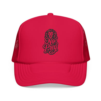 Red trucker hat with a black lion and "No Prey" text graphic.