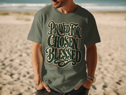 T-shirt with "Prayed For Chosen Blessed" text on a beach background.