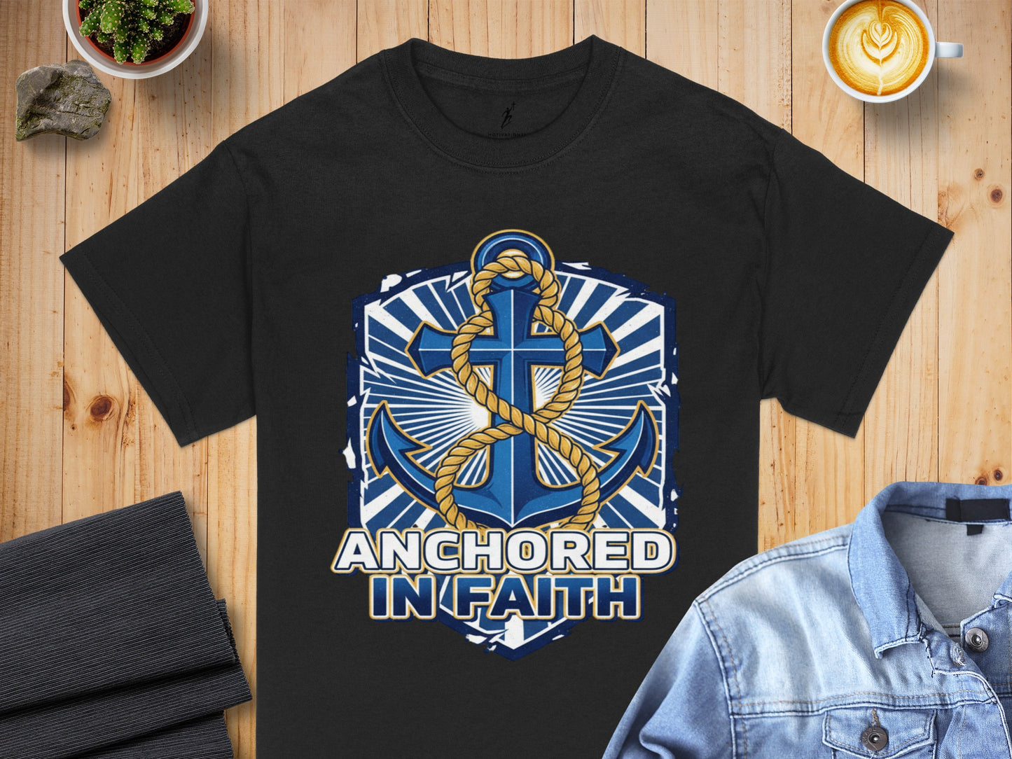 Black t-shirt with blue anchor graphic and "Anchored In Faith" text.