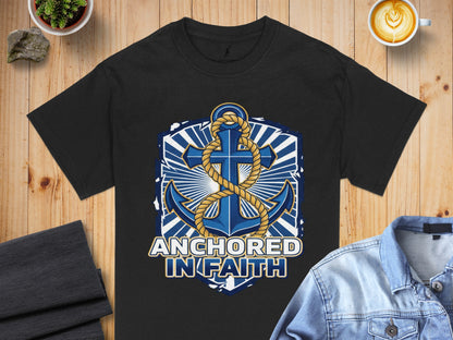Black t-shirt with blue anchor graphic and "Anchored In Faith" text.