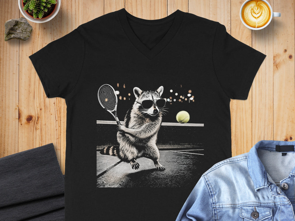 Raccoon wearing sunglasses playing tennis on a court.