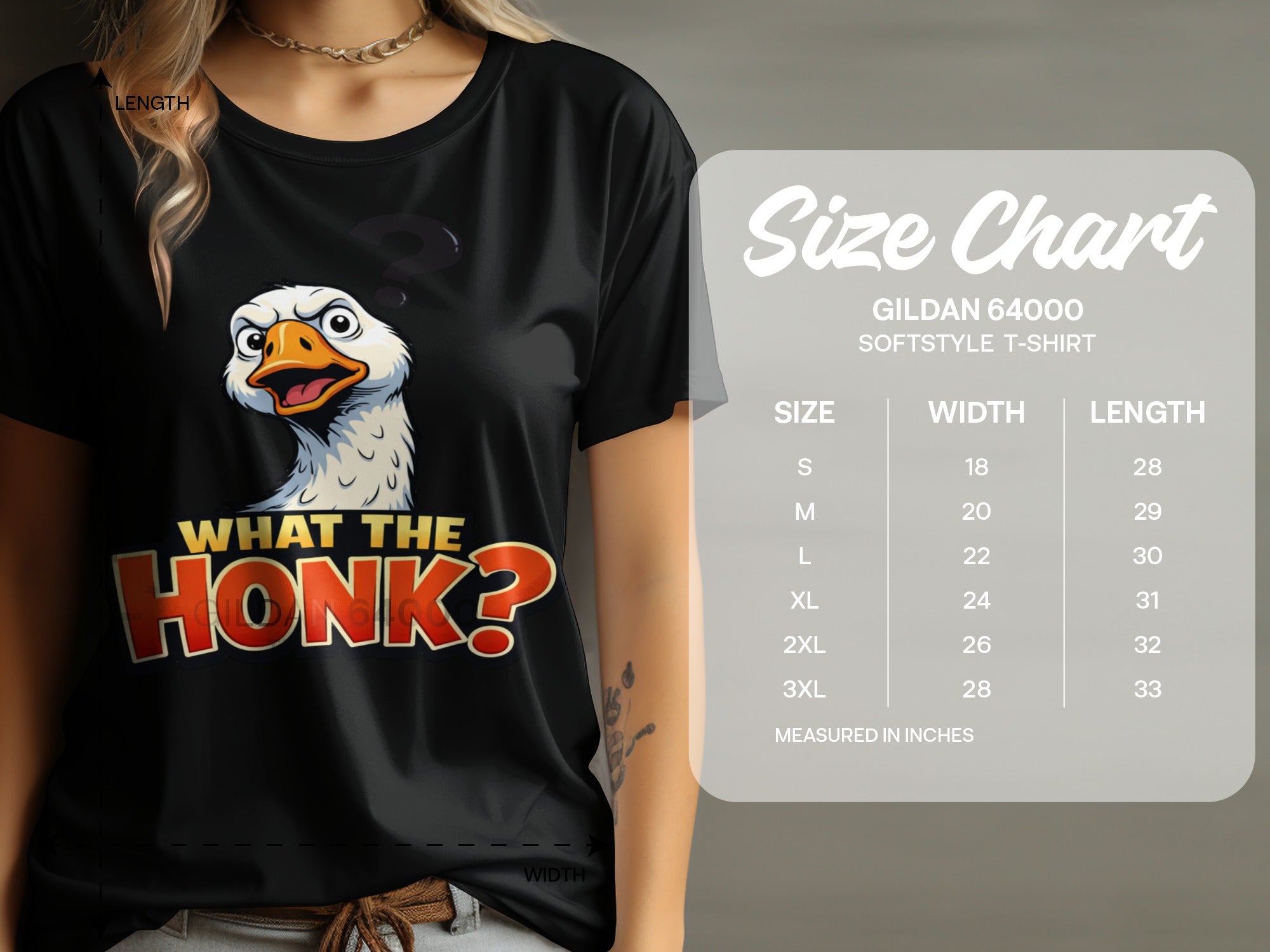 Black t-shirt with a cartoon goose and "What The Honk?" text. Includes size chart.