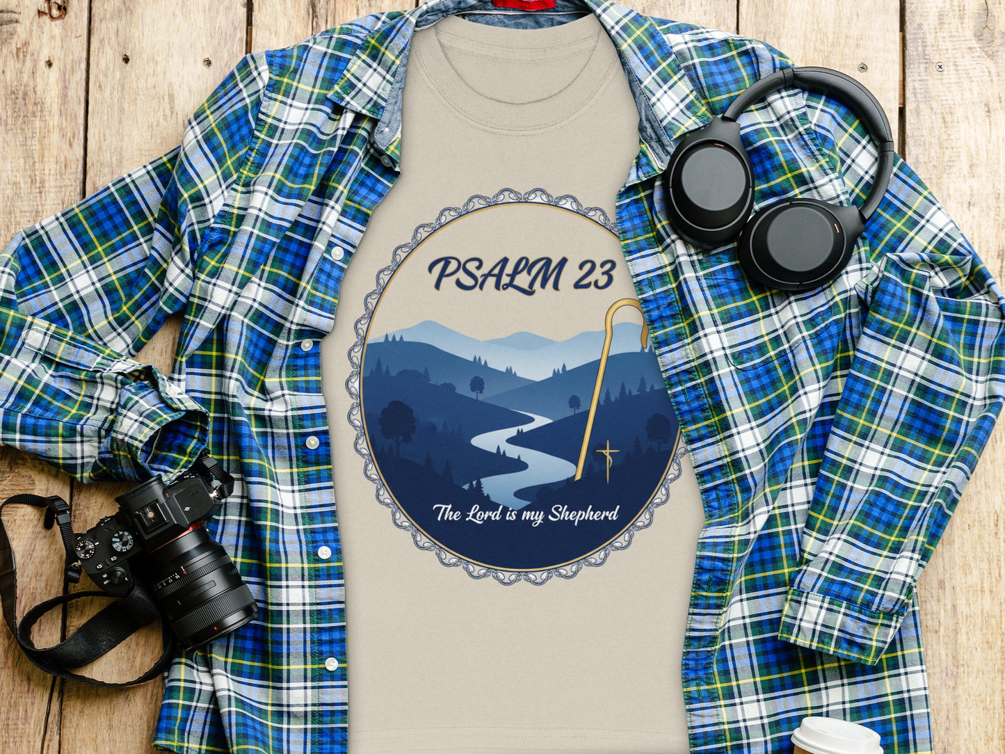 Tan t-shirt with "Psalm 23 The Lord is my Shepherd" scripture design.