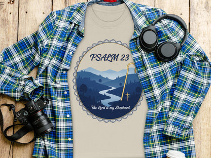 Tan t-shirt with "Psalm 23 The Lord is my Shepherd" scripture design.