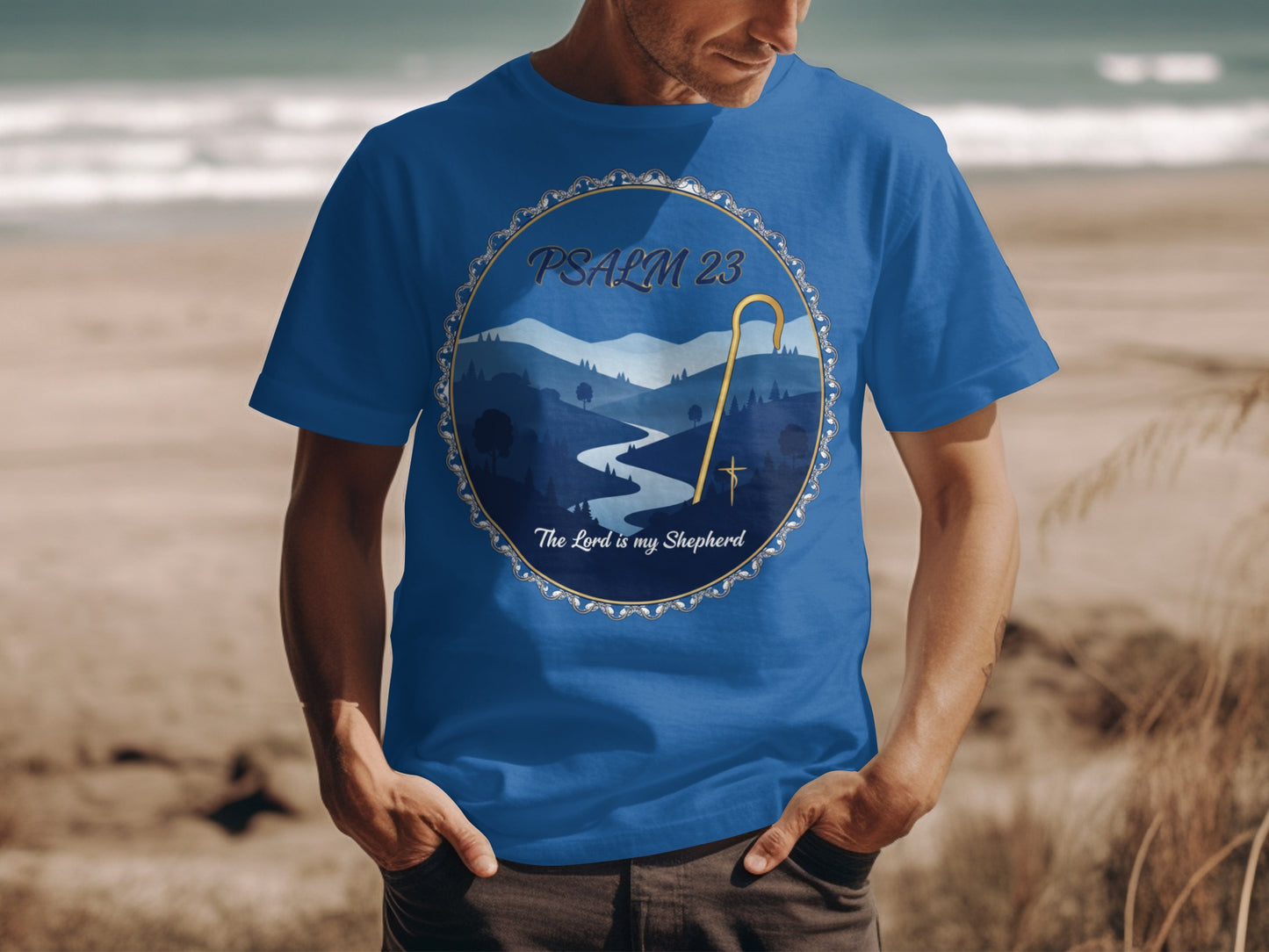 Blue t-shirt with Psalm 23 landscape design and shepherd's crook.