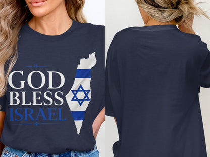Navy t-shirt with "God Bless Israel" text and Israeli flag map outline.