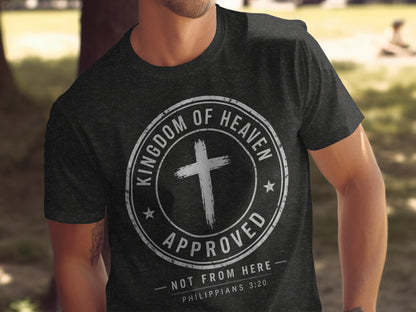 Dark t-shirt with a circular graphic featuring a cross, text, and stars.