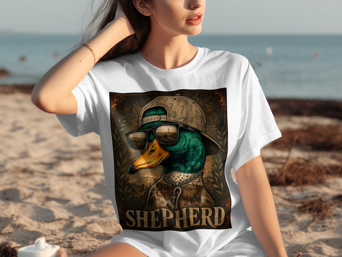 White t-shirt with graphic of a duck wearing sunglasses and a cap, text "SHEPHERD".