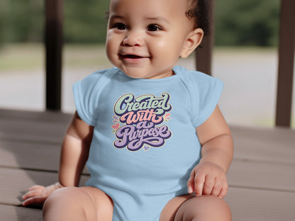 Baby wearing light blue onesie with "Created With a Purpose" text and hearts.