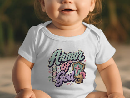 Baby wearing white onesie with "Armor of God" graphic, shield, helmet.