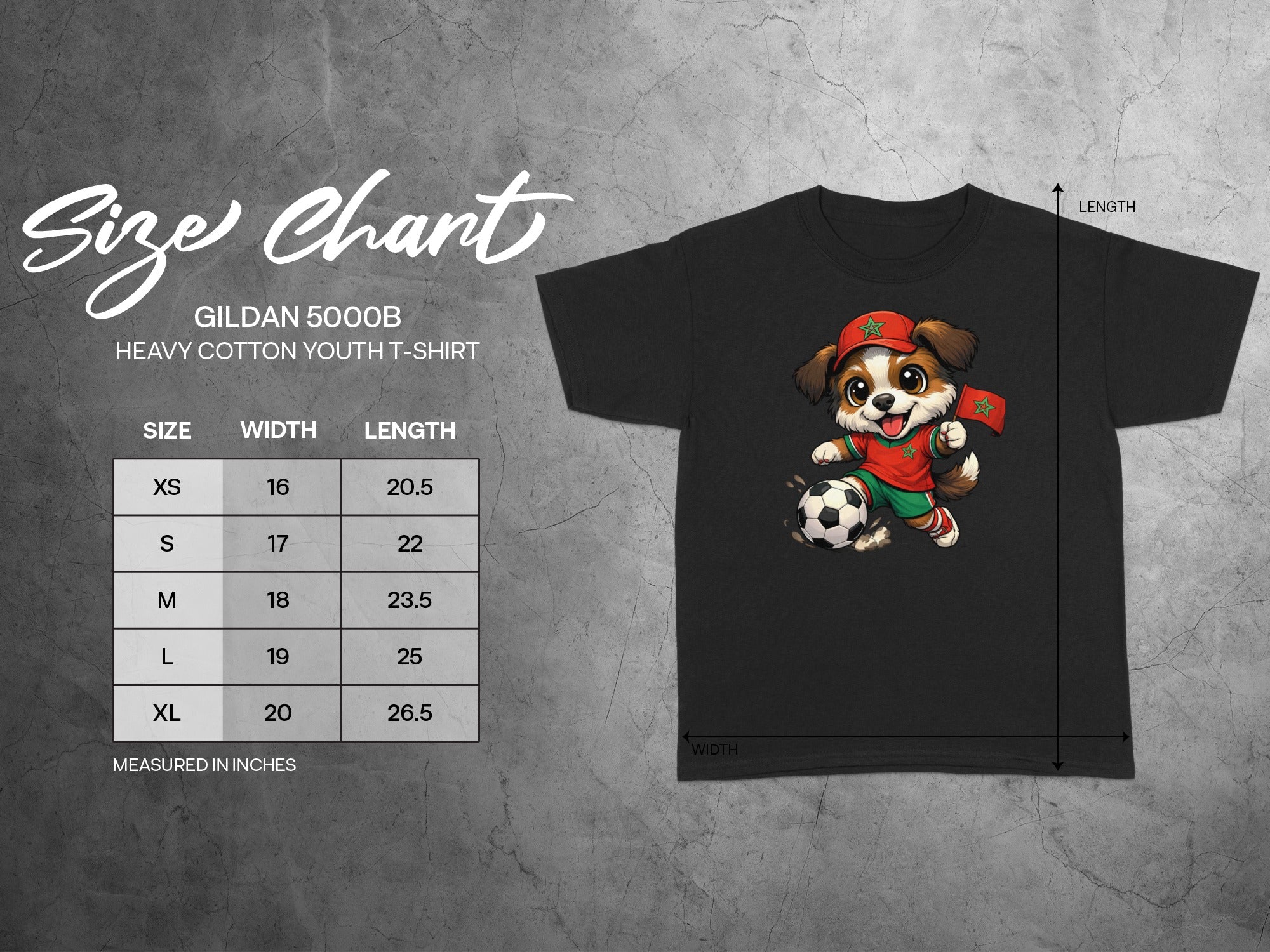 Gildan 5000B youth t-shirt size chart with dog mascot playing soccer.