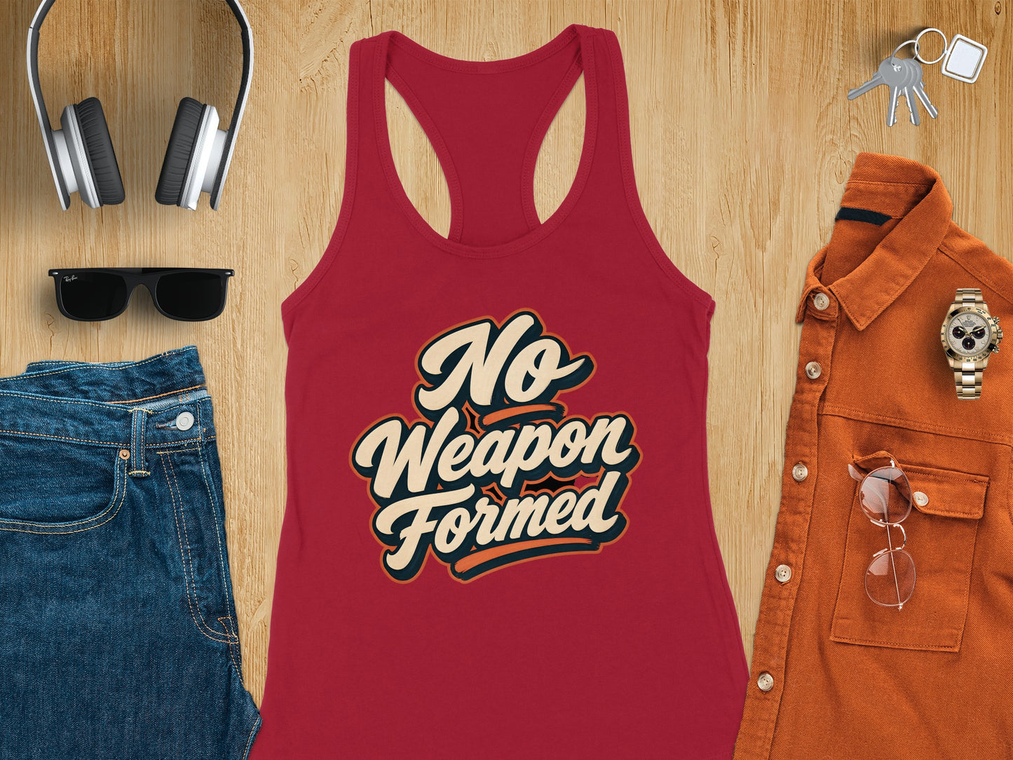 Red tank top with "No Weapon Formed" text, styled with jeans, headphones, and sunglasses.
