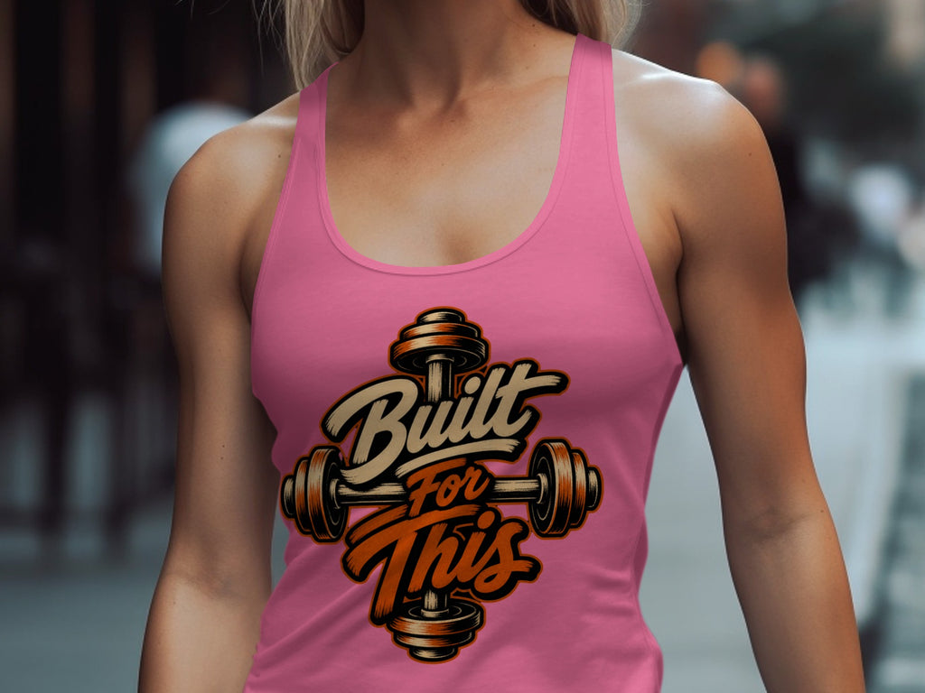 Pink tank top with "Built For This" text and barbell graphic.