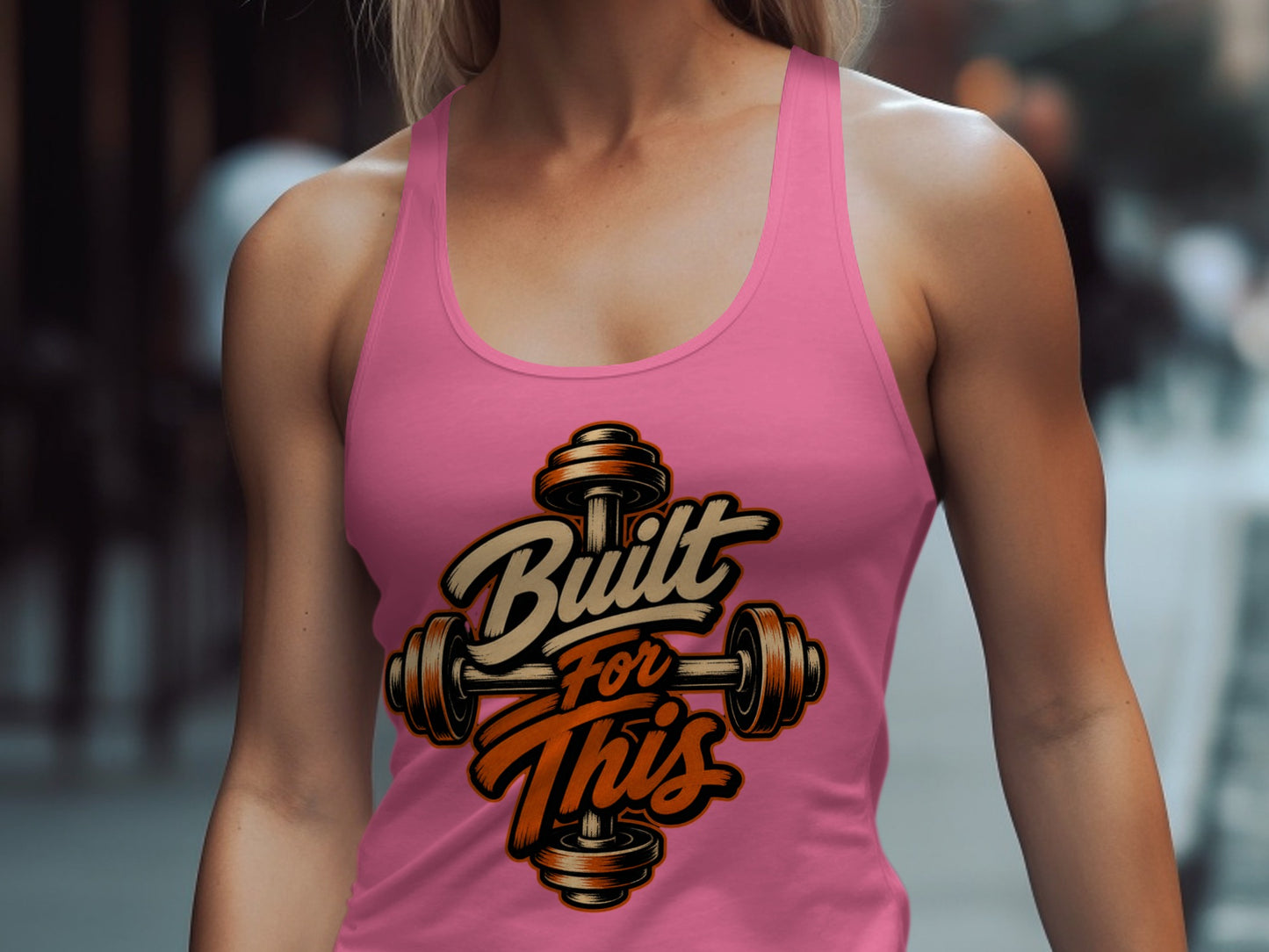 Pink tank top with "Built For This" text and barbell graphic.