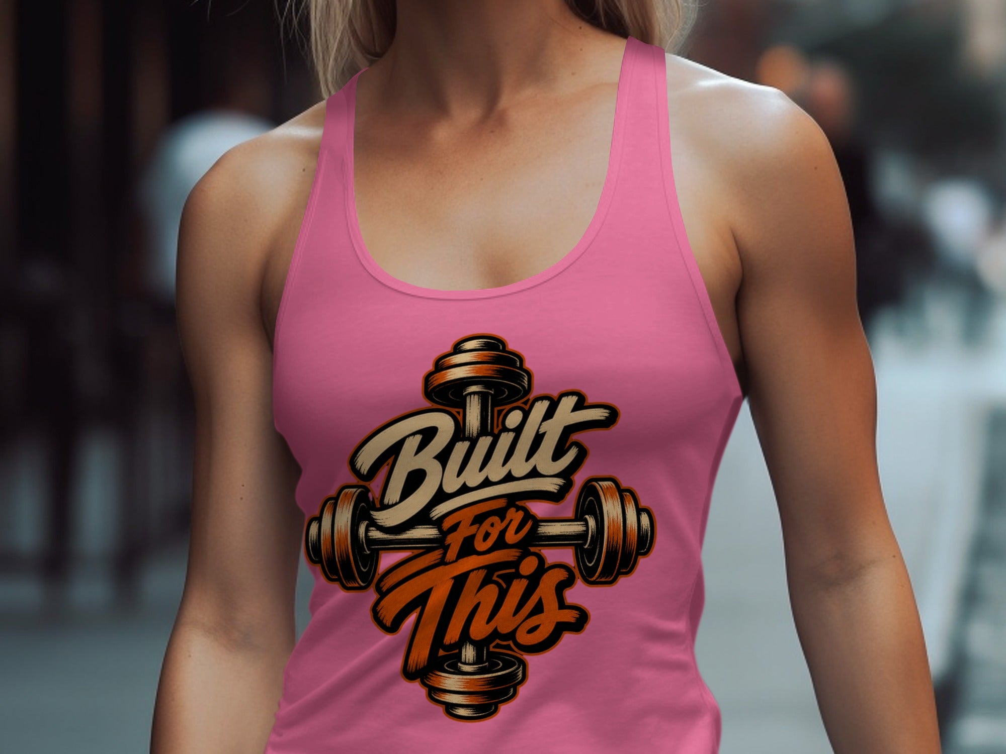 Pink tank top with "Built For This" text and barbell graphic.