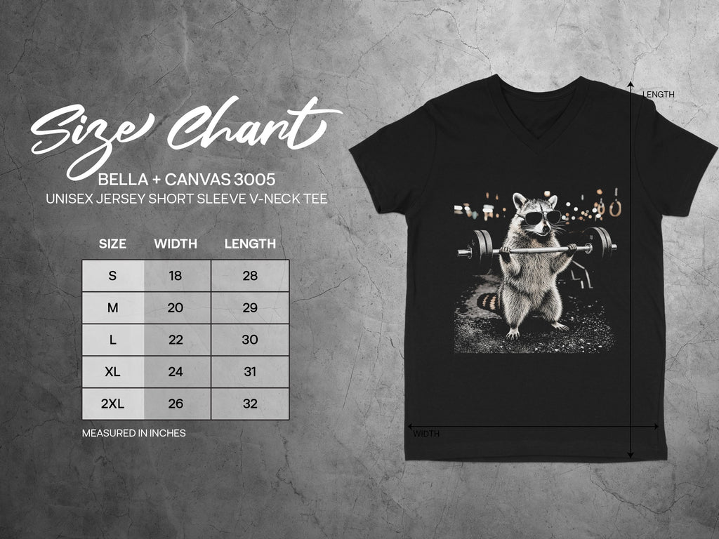 Size chart for Bella + Canvas 3005 unisex v-neck t-shirts.