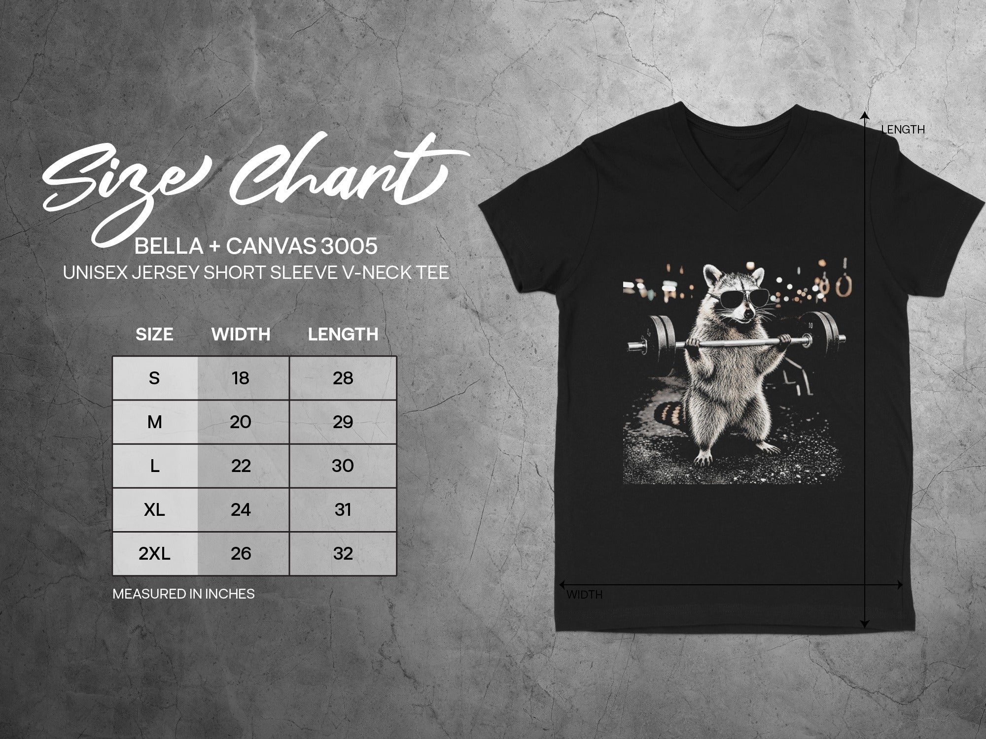 Size chart for Bella + Canvas 3005 unisex v-neck t-shirts.