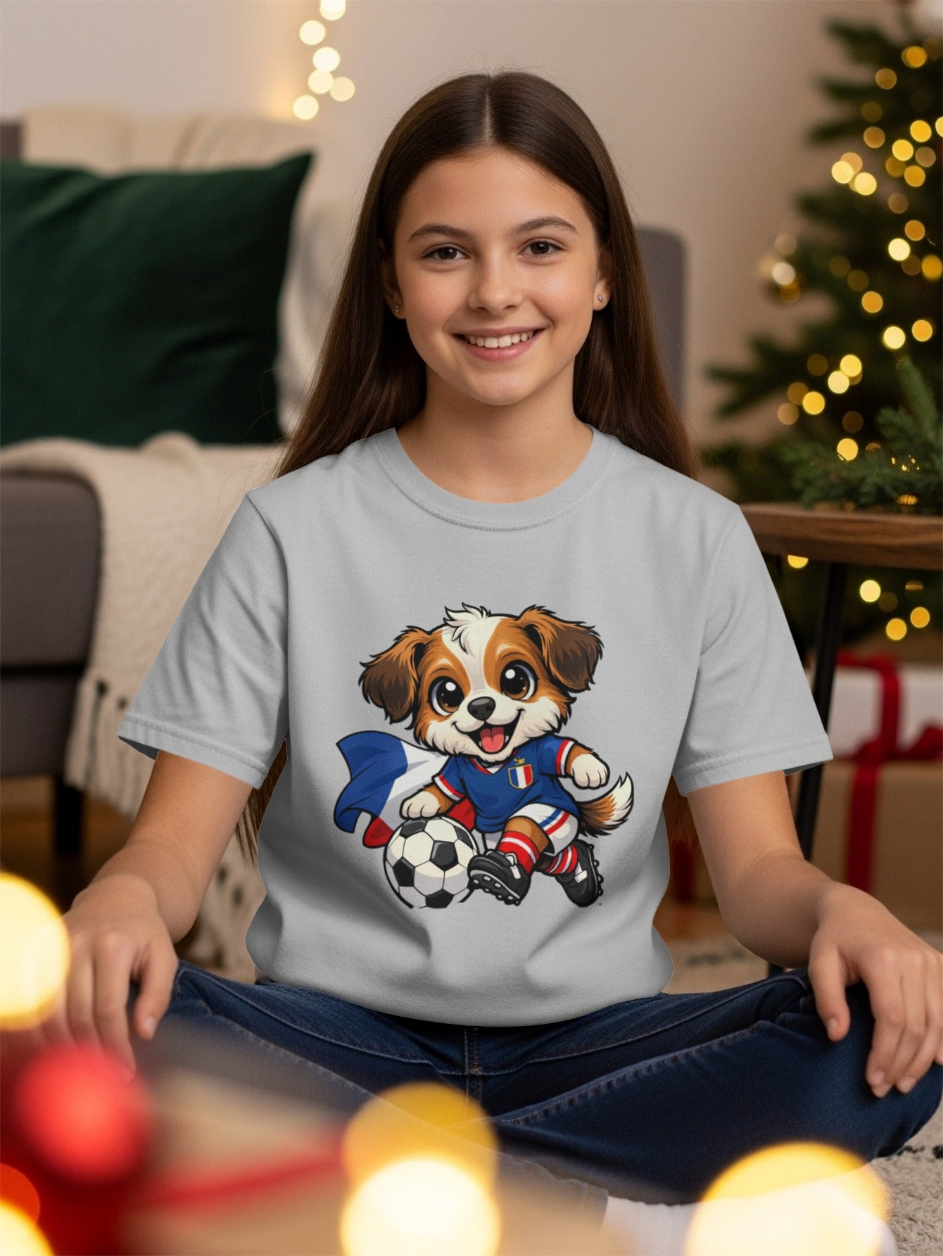 Cartoon dog in French soccer uniform with ball and flag on t-shirt.