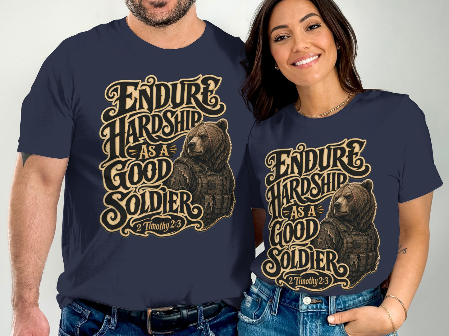 Navy t-shirts with a "Endure Hardship as a Good Soldier" graphic and a bear.