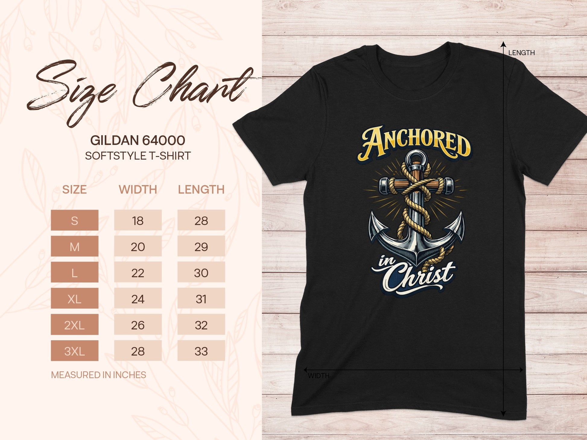 Black Gildan 64000 t-shirt featuring "Anchored in Christ" design and size chart.