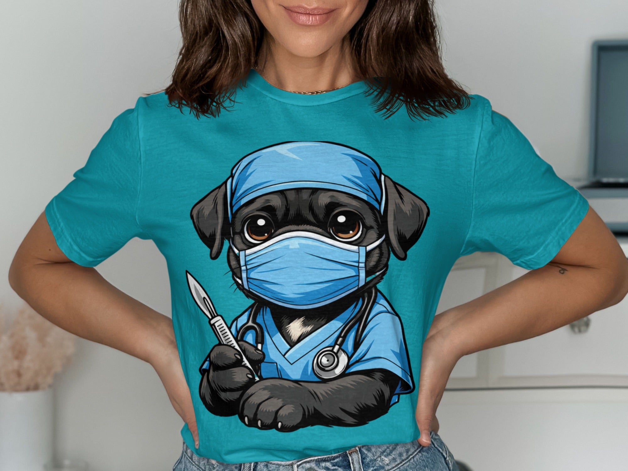 Black pug wearing surgical mask, scrubs, and stethoscope, holding scalpel.
