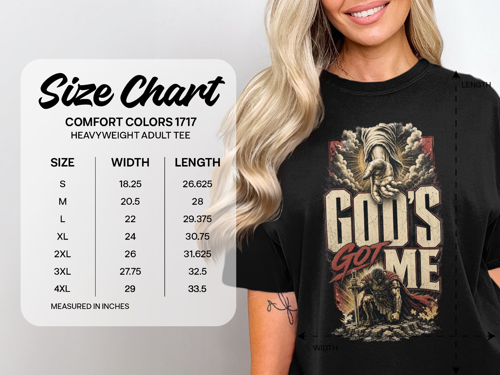 Comfort Colors 1717 Heavyweight Adult Tee size chart with graphic.