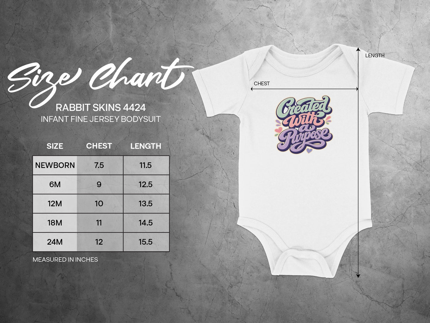 Infant bodysuit size chart for Rabbit Skins 4424.