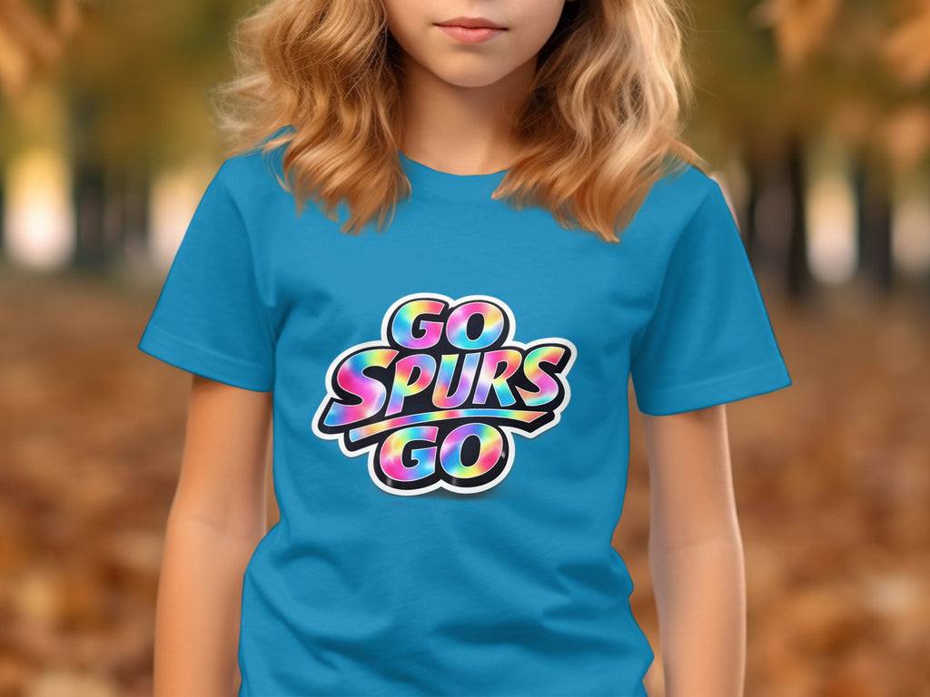 Turquoise t-shirt with "GO SPURS GO" in a colorful tie-dye graphic.