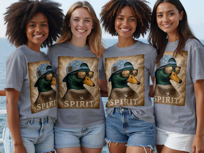 Four women in grey t-shirts featuring a duck graphic with the word "SPIRIT".