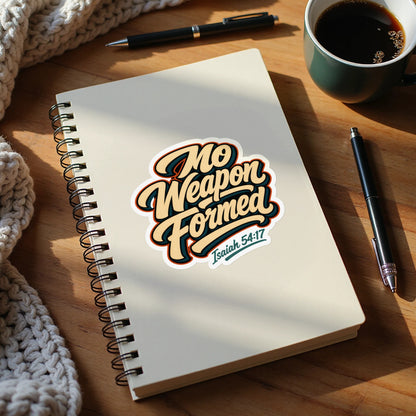 Sticker on notebook reads "No Weapon Formed, Isaiah 54:17".