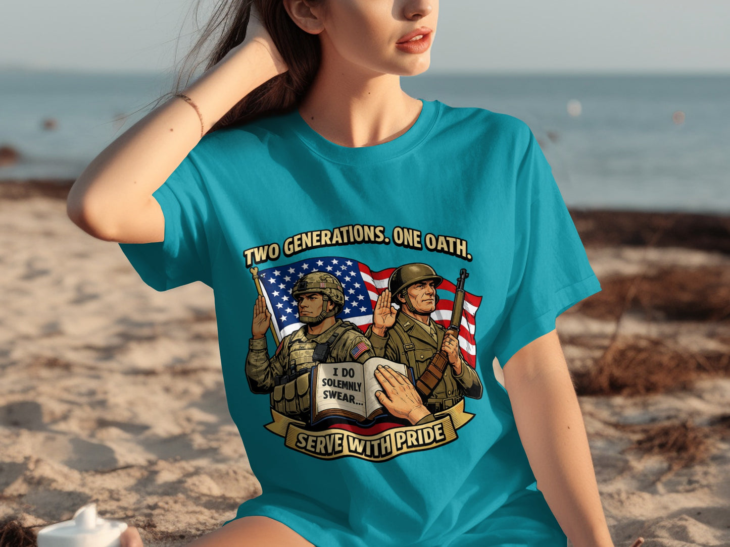 T-shirt graphic with two soldiers, the American flag, and text: "TWO GENERATIONS. ONE OATH. SERVE WITH PRIDE."