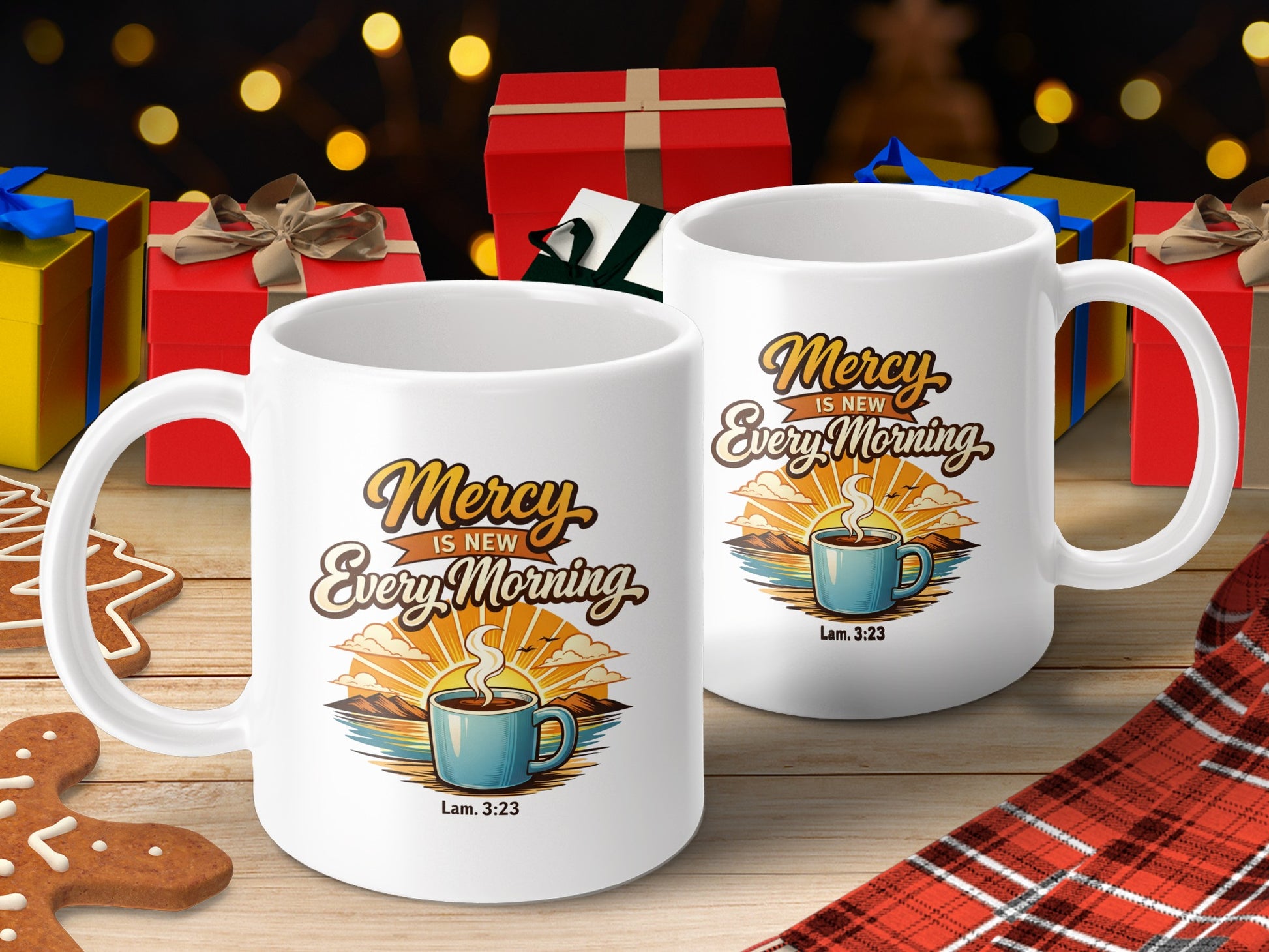 Two white mugs foregrounded with "Mercy Is New Every Morning" text and Lam. 3:23 caption.