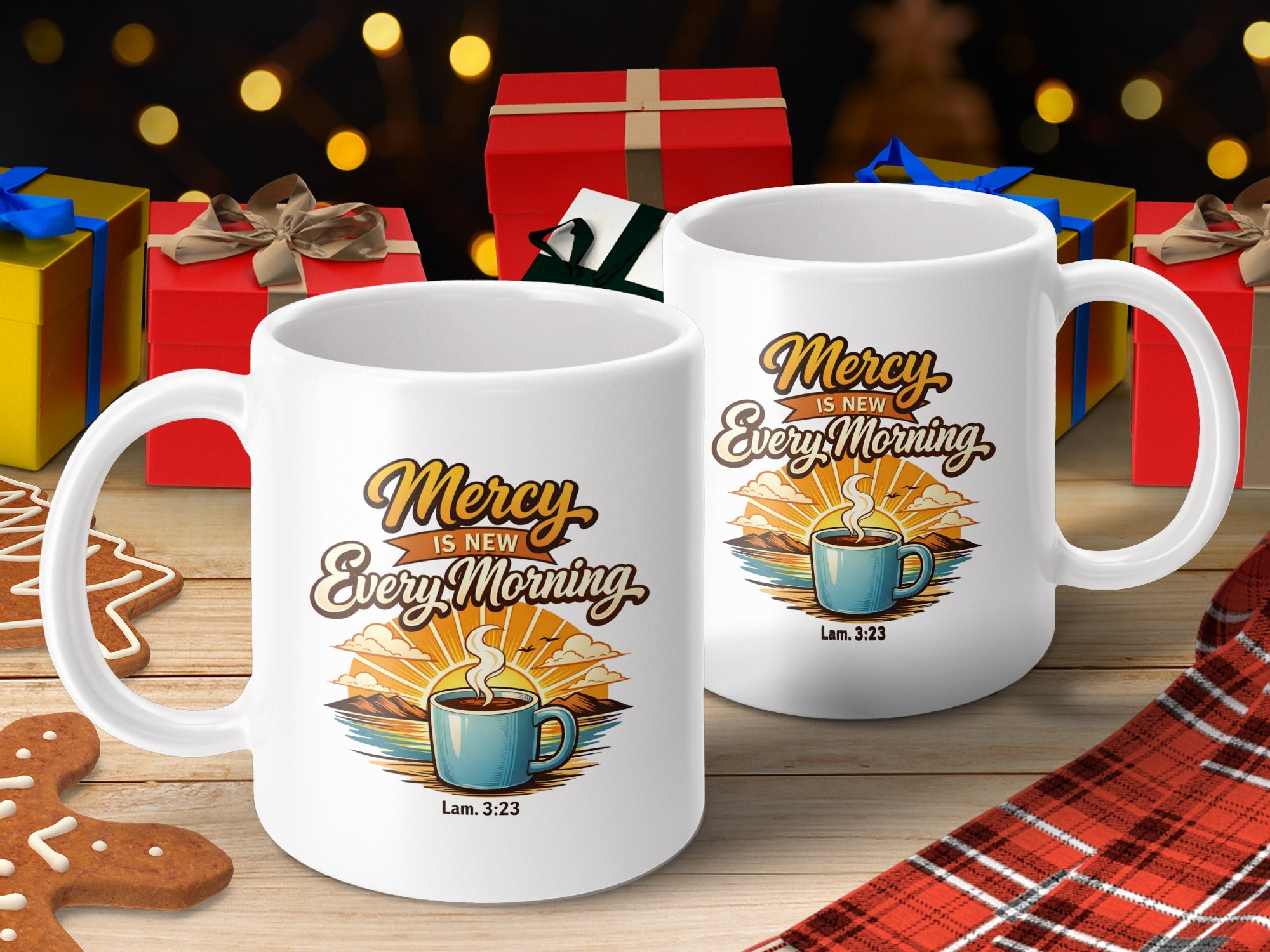 Two white mugs foregrounded with "Mercy Is New Every Morning" text and Lam. 3:23 caption.