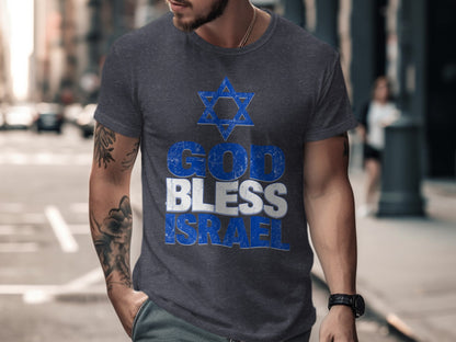 Dark grey t-shirt with blue Star of David and "GOD BLESS ISRAEL" text.