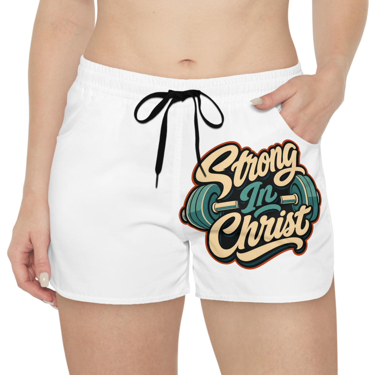 White shorts with black drawstring and "Strong In Christ" text graphic.