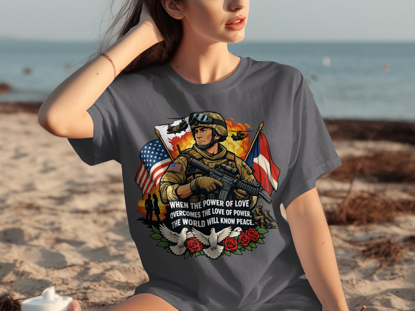 Soldier with flags, doves, roses, and text "When the power of love overcomes the love of power, the world will know peace."