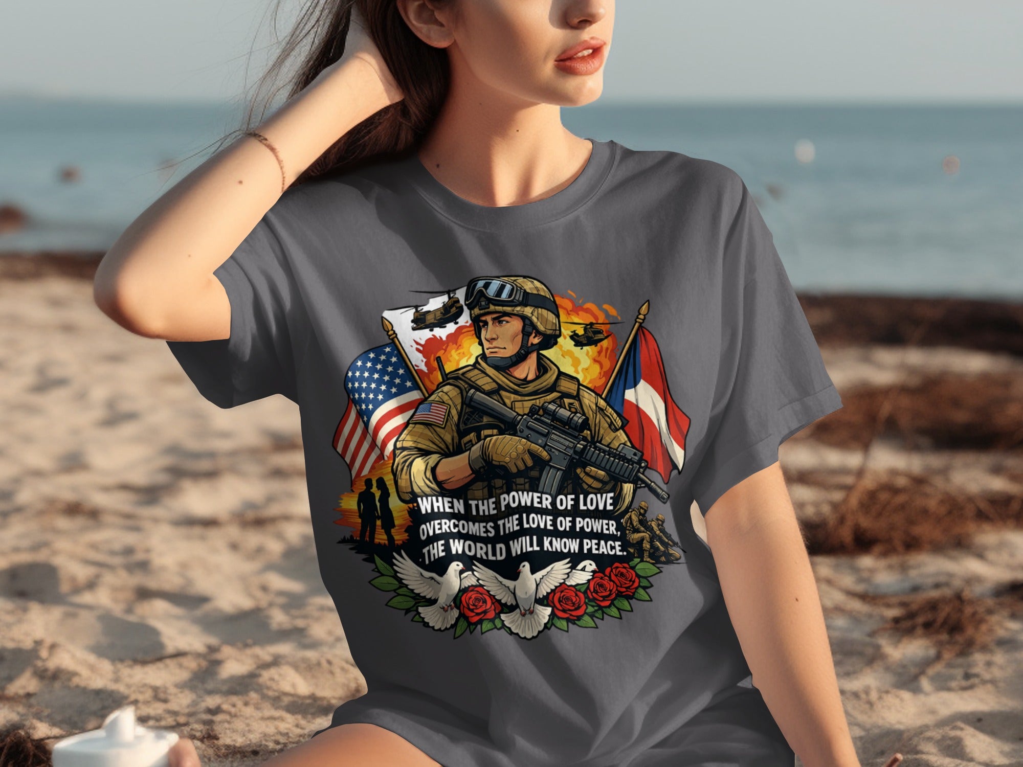 Soldier with flags, doves, roses, and text "When the power of love overcomes the love of power, the world will know peace."