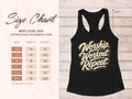 Women's black racerback tank with "Worship. Workout. Repeat" graphic and size chart.