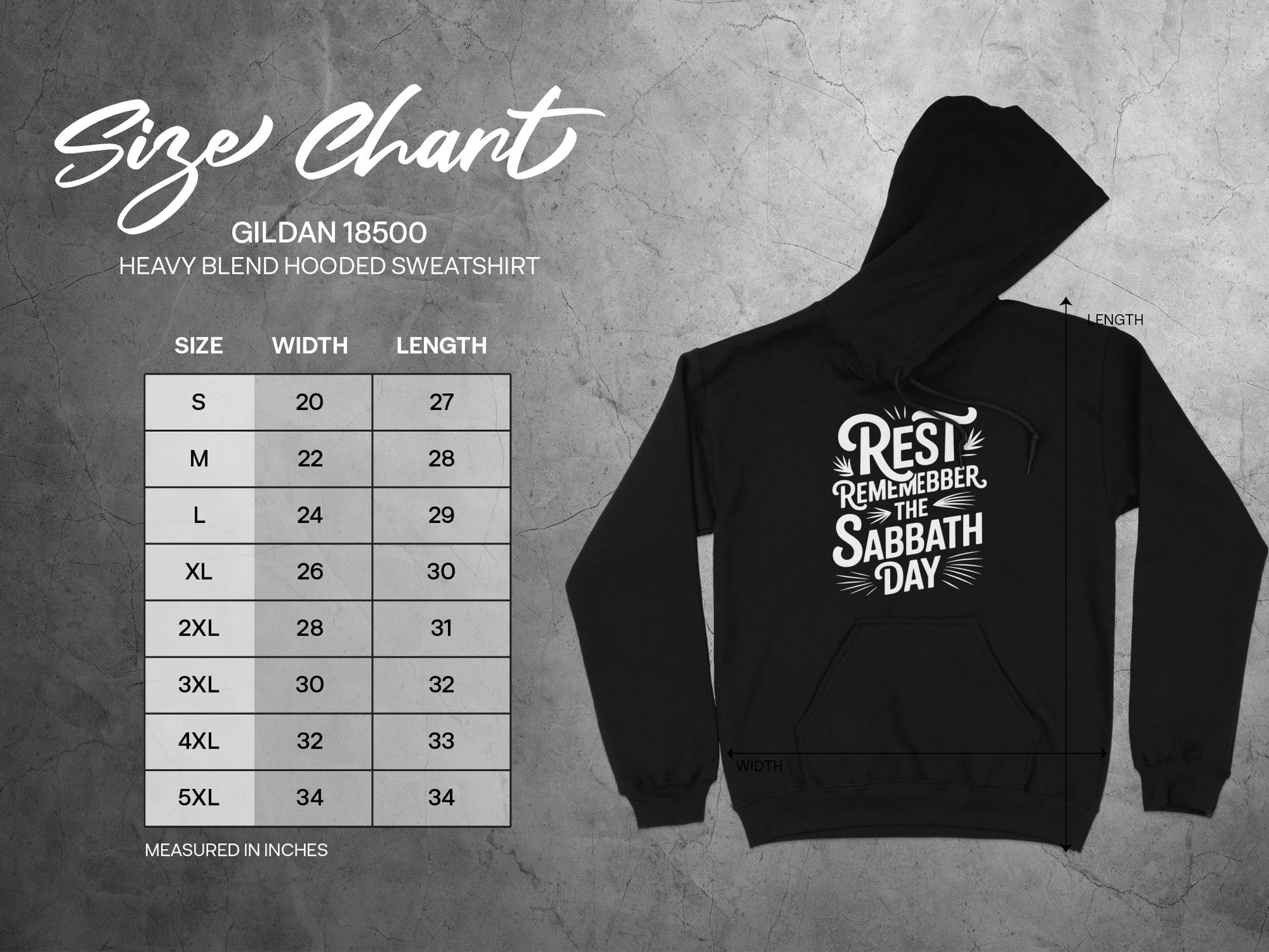 Gildan 18500 size chart for heavy blend hooded sweatshirts measured in inches.