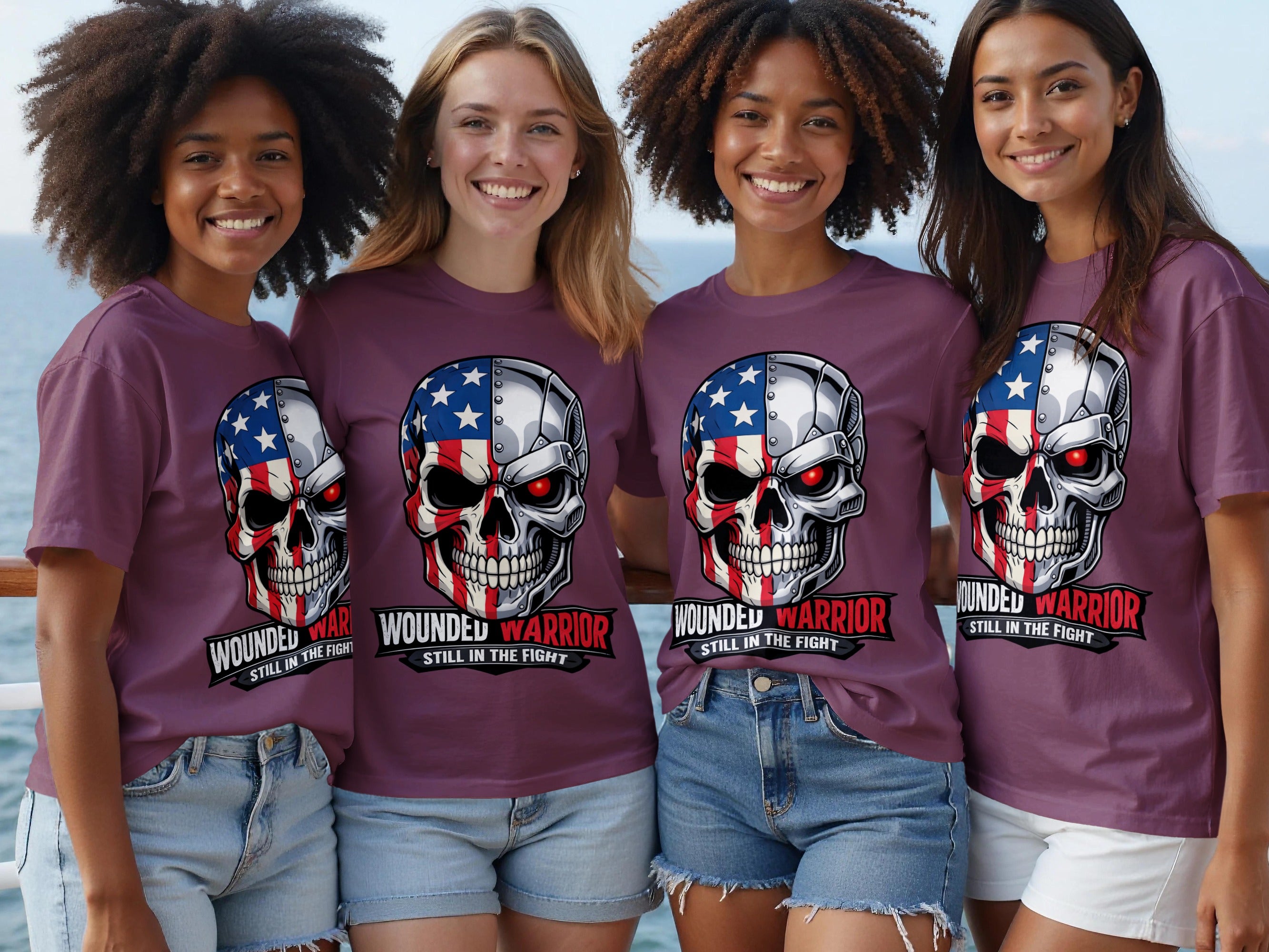 Four women wear purple t-shirts with a skull graphic and text "WOUNDED WARRIOR STILL IN THE FIGHT".