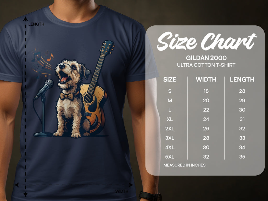 T-shirt with a dog singing into a microphone next to a guitar. Includes size chart.