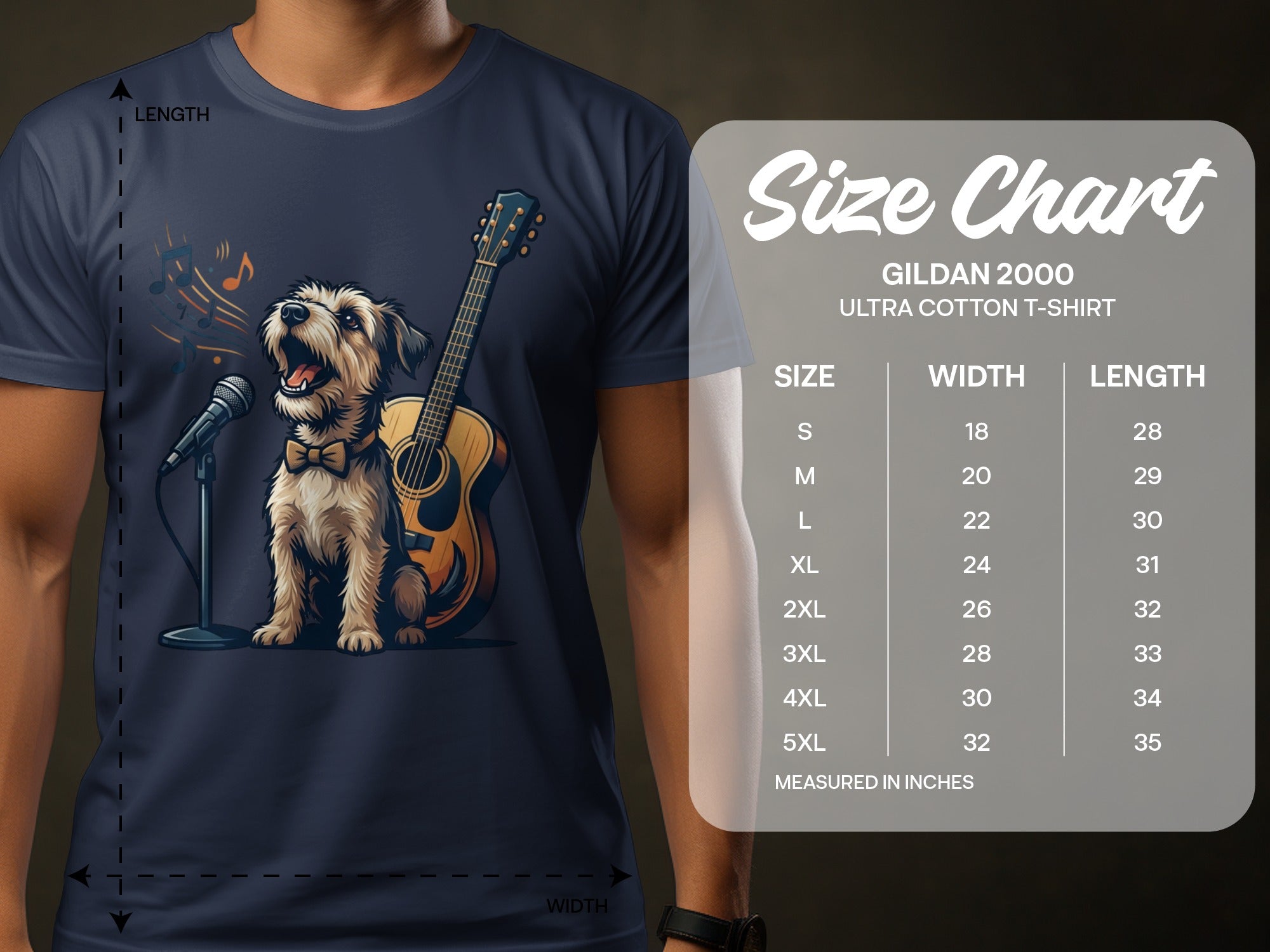 T-shirt with a dog singing into a microphone next to a guitar. Includes size chart.