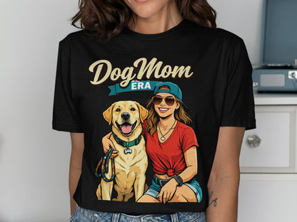 Dog Mom Era graphic on black t-shirt featuring a woman and a golden retriever.