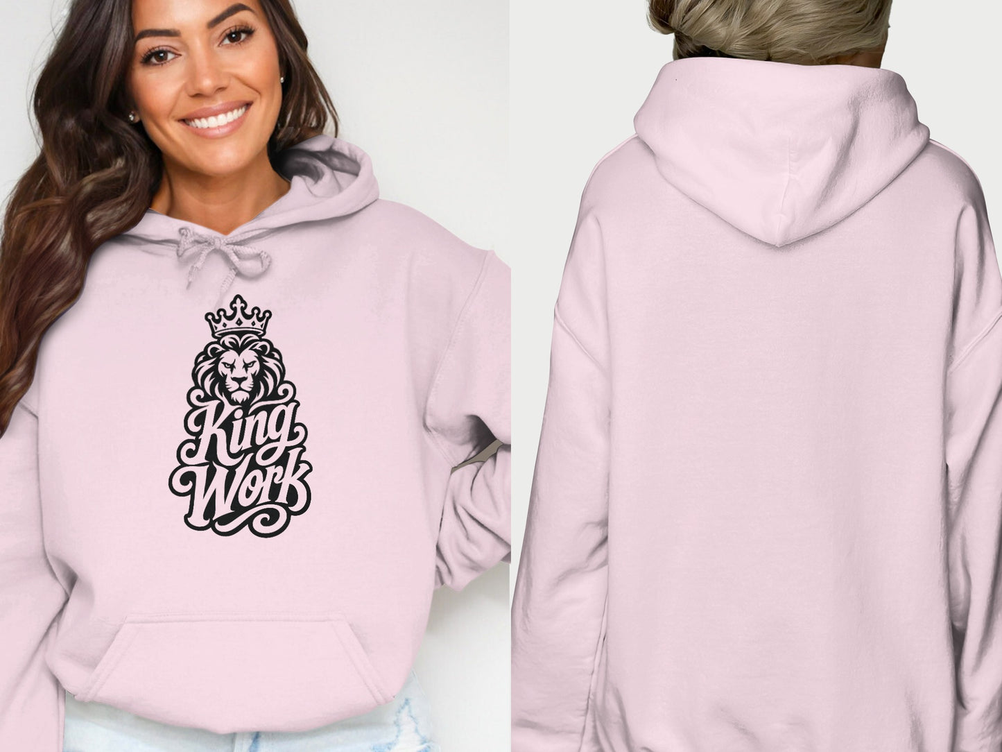 Pink hoodie with lion wearing a crown and "King Work" text graphic on front.