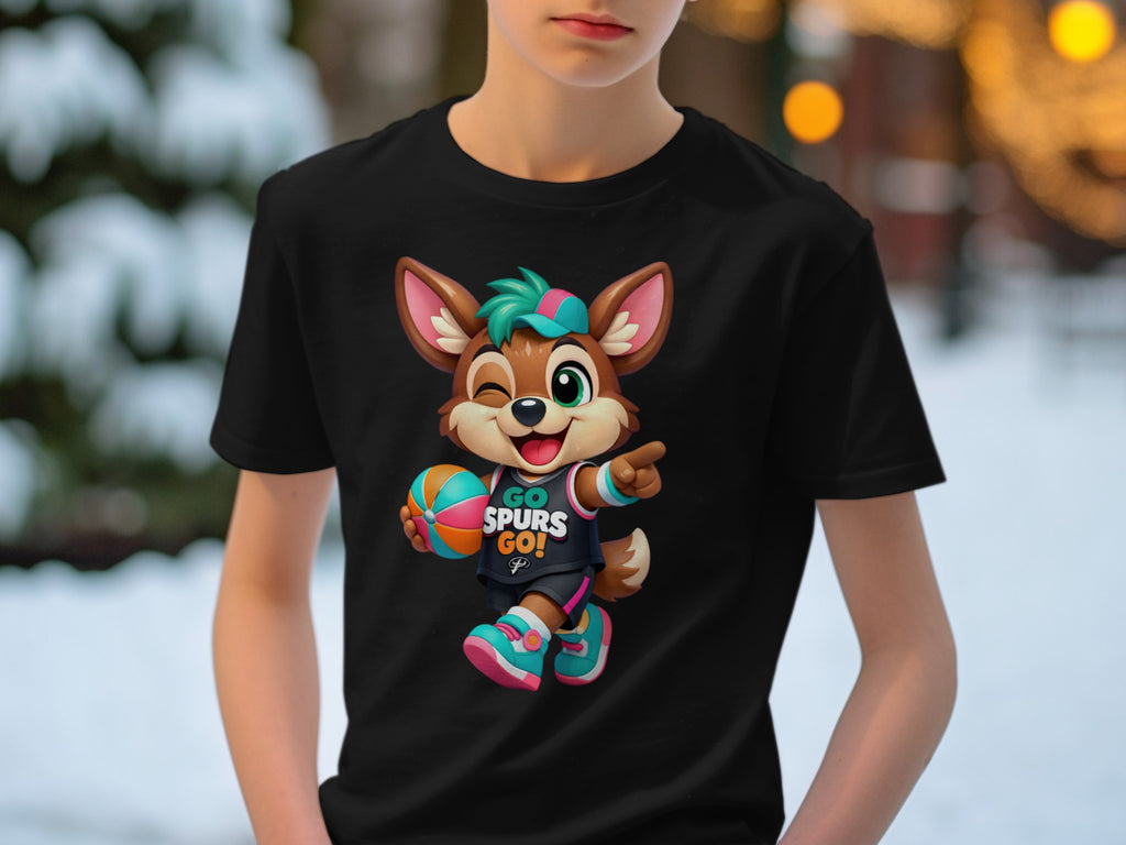 Cartoon animal wearing a "GO SPURS GO!" basketball uniform and holding a basketball.