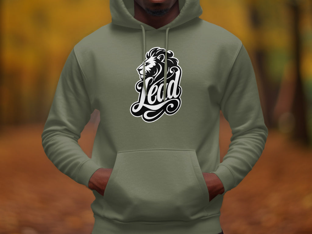 Green hoodie with a black and white lion and "Lead" text graphic on the chest.
