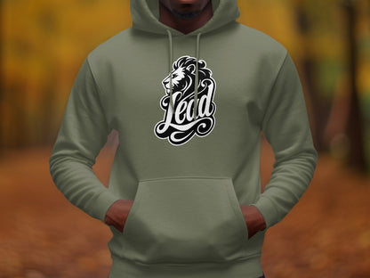 Green hoodie with a black and white lion and "Lead" text graphic on the chest.