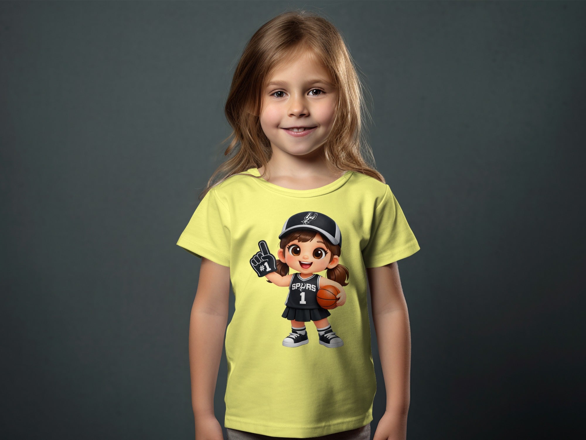 Child modeling a yellow shirt with a cartoon graphic reading "SPURS 1".